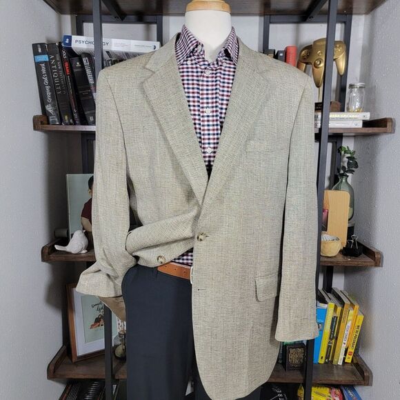 JOS A BANK Men's Sport Coat Blazer Two Button Beige Black‎ 100% SILK Size 46L - Picture 1 of 16